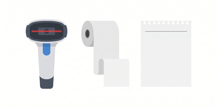 Flat Barcode Scanner Cash Register Thermal Paper Roll and Blank Receipt Icon Set