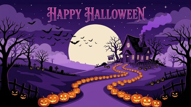 A magical purple-toned halloween scene with a haunted house, a giant full moon, and a winding path lined with glowing jack-o-lantern pumpkins
