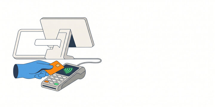 Contactless payment transaction via POS terminal and card reader with gloved hand illustration