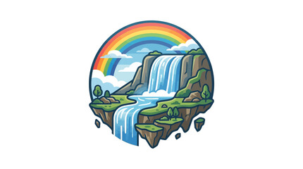 Fototapeta premium Vibrant cartoon illustration of a floating island with a majestic waterfall and a colorful rainbow arching over it, set against a blue sky.