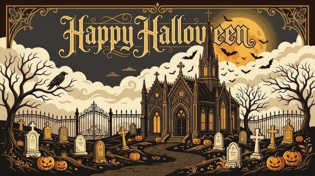 Happy halloween gothic church scene with a graveyard, tombstones, glowing jack-o-lanterns, a large full moon, and a crow perched on a bare tree