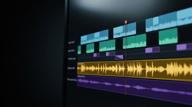 Multimedia post production software interface featuring a digital video editing timeline with color coded audio and visual tracks
