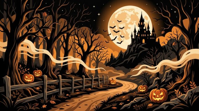 Spooky halloween forest path with a wooden fence, glowing jack o lanterns, bare trees, a large full moon, and a haunted castle in orange tones