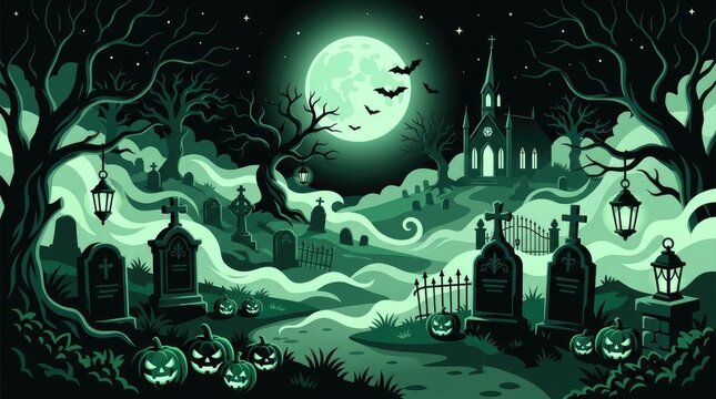 Spooky halloween graveyard scene at night with glowing green pumpkins, full moon, old church, tombstones, and fog in monochromatic green