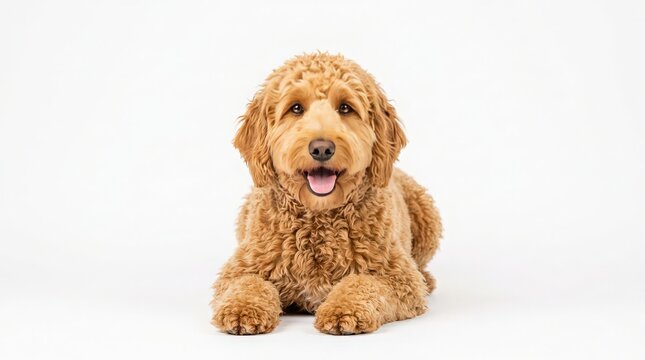Adorable Golden Doodle Dog Lying Down with Happy Expression on White Background