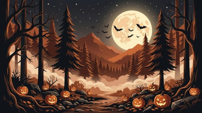 Spooky halloween night landscape featuring a glowing full moon, dark pine forest, winding path, and numerous carved jack-o-lanterns