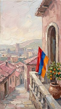 Balcony view with Armenian flag and orange trees overlooking a cityscape
