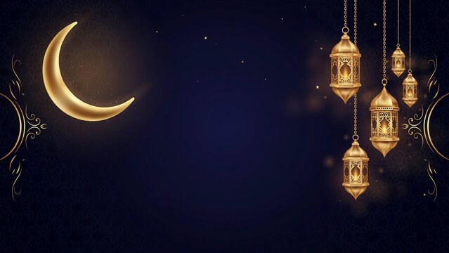 Golden crescent moon with hanging decorative lanterns on dark background