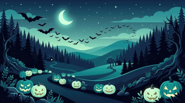 Teal halloween landscape with a crescent moon, flying bats, pine forest, rolling hills, and glowing jack-o-lanterns along a path