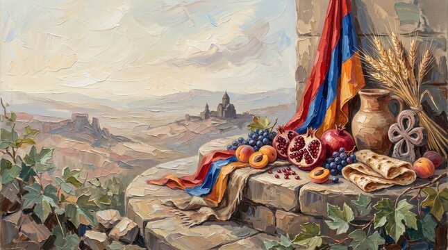 Traditional Armenian food items on stone with historical landscape background