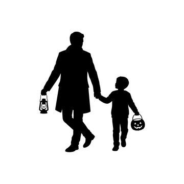 family silhouette vector a father and son walking holding their hand, carrying lantern in one hand  