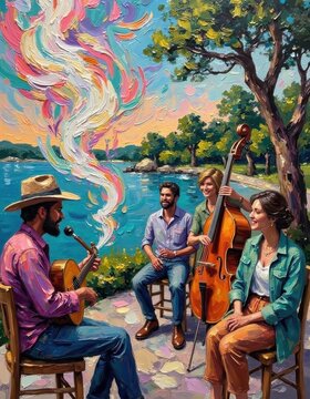 Vibrant outdoor musical performance by four musicians playing guitar, keyboard, and cello near a lake under colorful sky and green trees