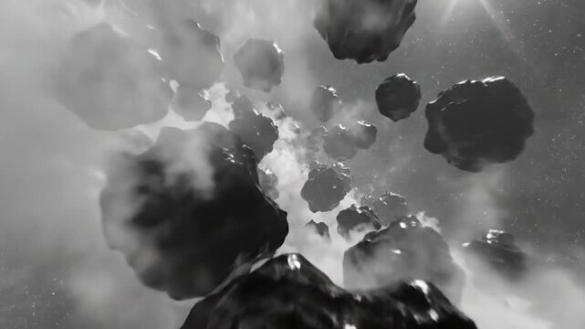 Black and white celestial scene flying through asteroid field with dramatic clouds and stars