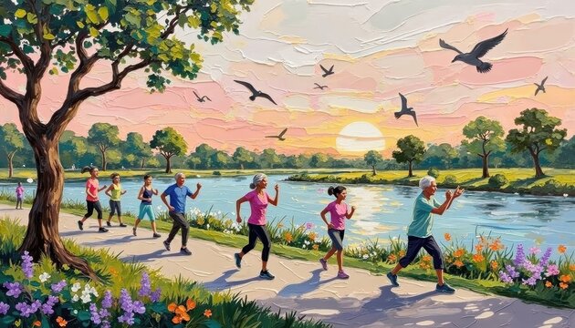 Elderly People Dancing and Exercising Along Riverside at Sunset in Nature