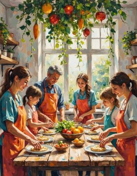 Family Cooking Class in Bright Kitchen with Fresh Vegetables and Fruits