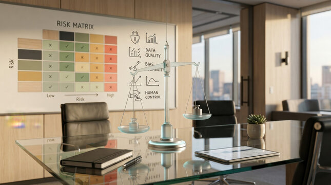 Corporate risk management strategy featuring justice scale on boardroom table with data quality and compliance matrix whiteboard