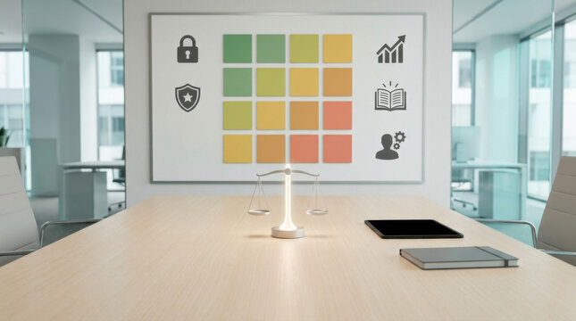 Business ethics and corporate governance concept featuring glowing justice scale on boardroom table with compliance matrix board