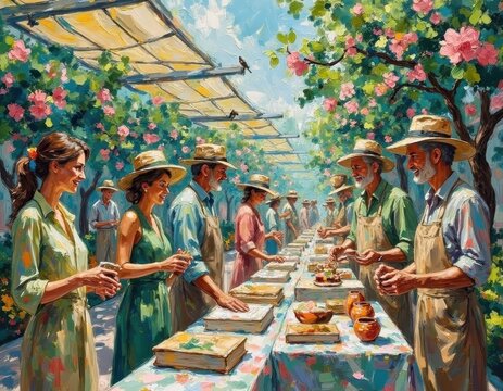 Vintage Outdoor Market Scene with Women and Men Preparing and Serving Food