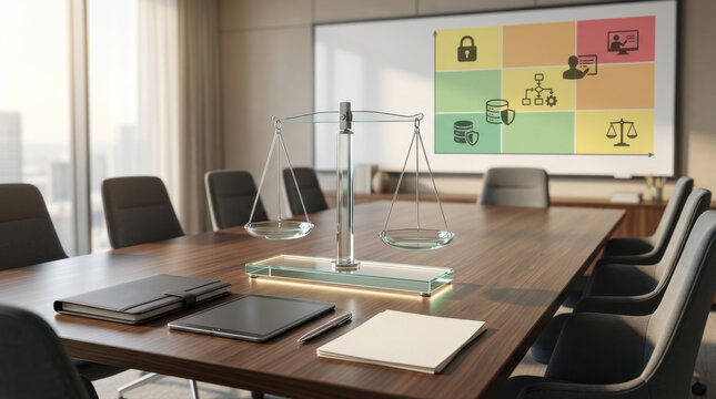 Corporate data security and legal compliance strategy featuring glass justice scale in modern boardroom with risk matrix presentation