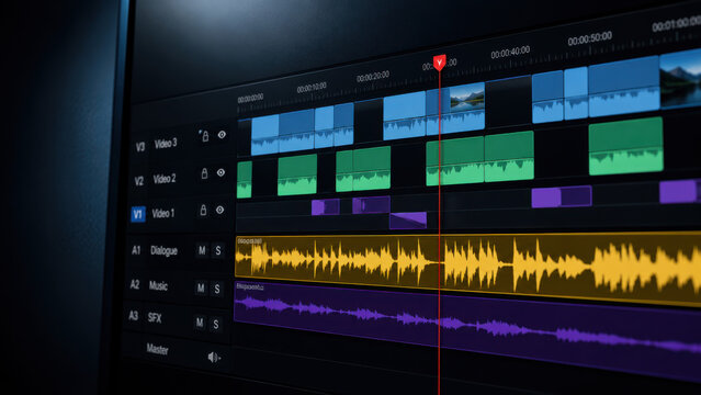 Digital video editing timeline interface displaying colorful audio waveforms and media sequence tracks for multimedia post production