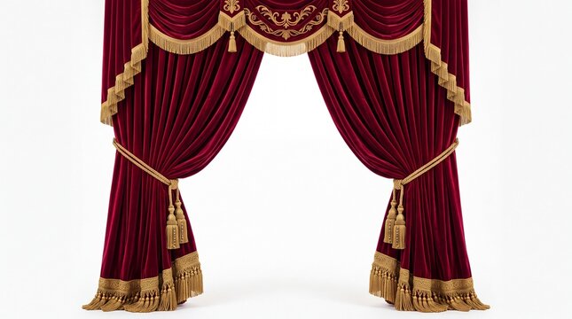 Elegant dark red velvet curtains with gold decorative tassels