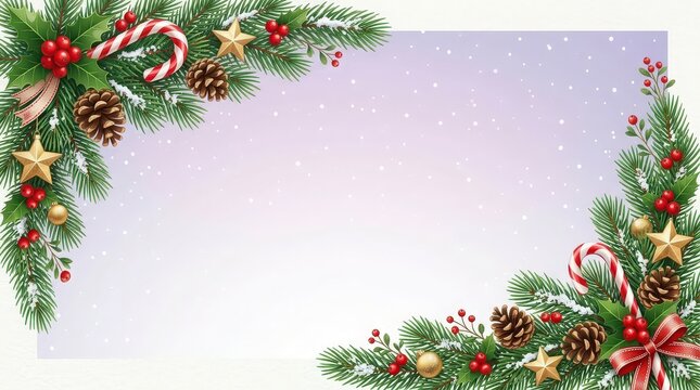 Festive Christmas Border Frame with Pine Branches, Holly, Berries, and Ornaments