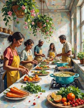 Diverse Group of People Cooking and Preparing Food in Bright Kitchen