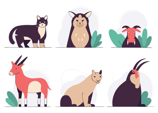 Set of six cute illustrated animals, a black and white cat, a bear-like creature, a red mythical animal, a gazelle, a lion-like animal, and a goat-like animal, with simple leaves in the background