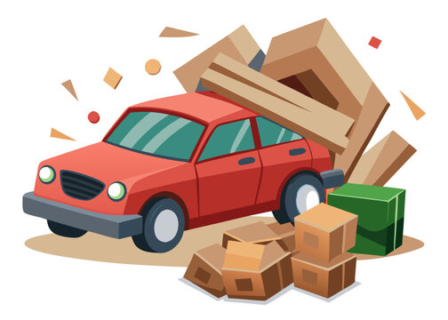 A red car loaded with boxes, suggesting a move or delivery. The scene is stylized and colorful