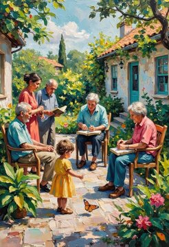 Elderly People Reading Books and Writing in Garden with Young Girl Present