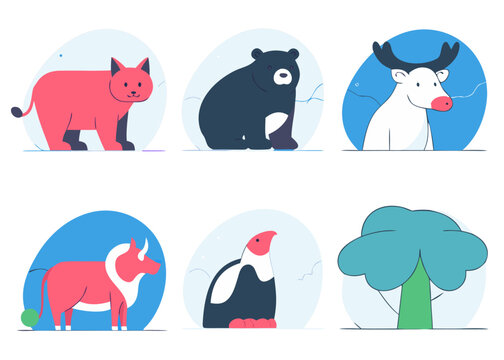 A collection of stylized illustrations featuring various animals and a tree. The artwork has a modern, flat design aesthetic with rounded shapes and a vibrant color palette