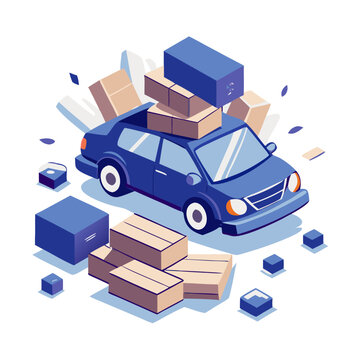 A blue car loaded with boxes and packages, ready for transport or delivery. The scene is set in a dynamic, graphic style, suggesting movement and logistics