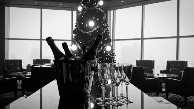 Black and white elegant room with sparkling champagne bottles in ice bucket and flutes near Christmas tree