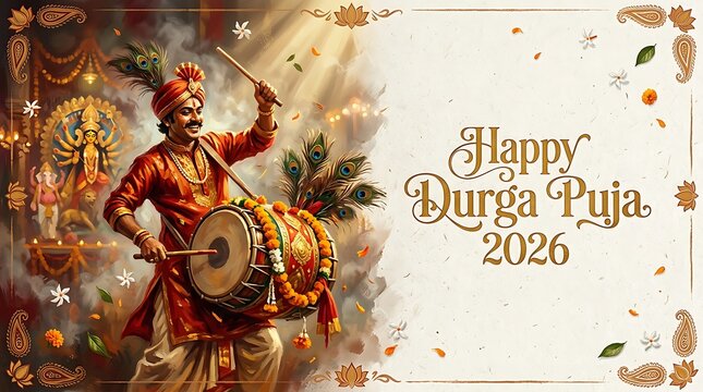 Man playing traditional dhak drum for happy durga puja 2026 festival celebration greeting