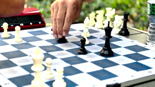 Dynamic stock video footage capturing an intense chess match outdoors, focusing on strategic moves, chess pieces, and game clock.

