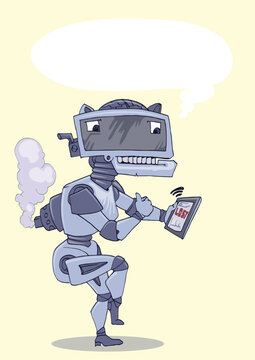 Futuristic Robot Character Holding Tablet with Speech Bubble Illustration