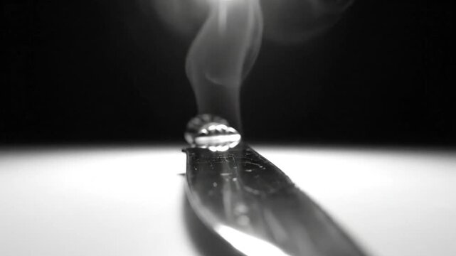 Black and White Macro Close Up of Burning Incense with Smoke on Knife Blade Against Dark Background
