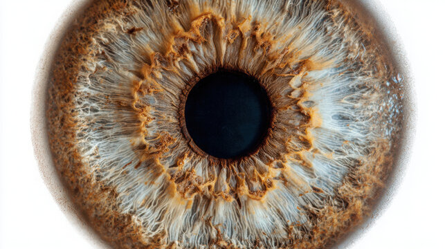 Human eye displays a warm, rich brown iris with lighter tones and intricate patterns, surrounding a dark pupil and framed by faint eyelashes.