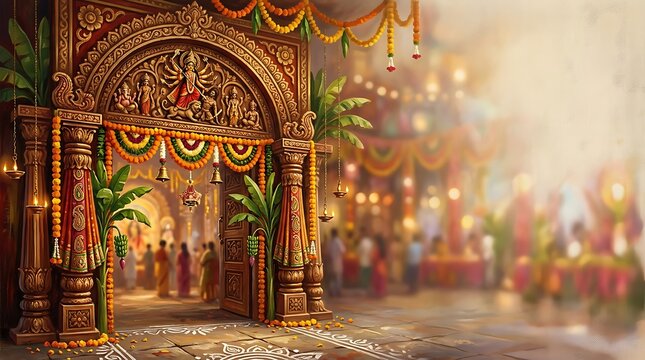 Ornate wooden temple entrance decorated with traditional garlands for hindu festival