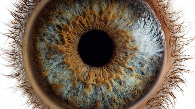 Extreme close-up of a human eye vividly displays a complex iris featuring a prominent golden-brown center fading into shades of blue and green, surrounding a black pupil.