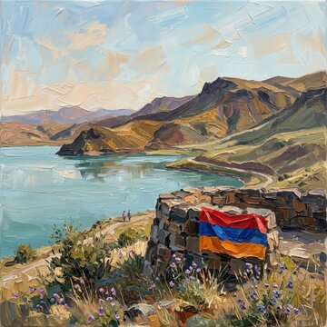 Scenic view of Armenian flag near lake with mountains in the background