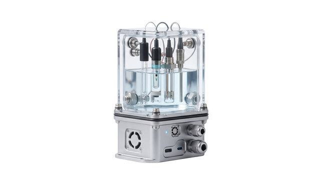 Industrial water quality sensor in clear acrylic housing, precision laboratory measurement device, scientific liquid analysis equipment