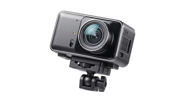 Compact action camera on mount, portable digital video recorder for sports, black 4K vlog camera isolated on white