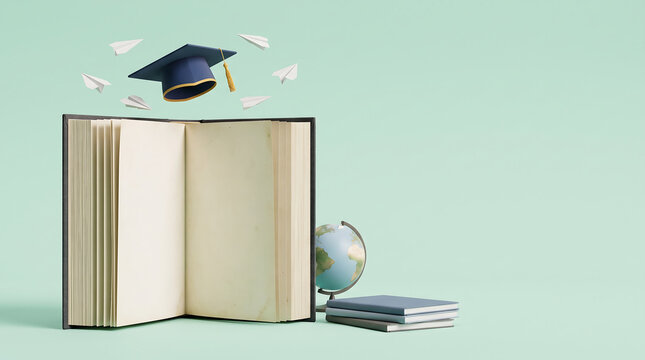 Open book rests on a desk with a graduation cap floating above surrounded by paper airplanes against a soft background.
