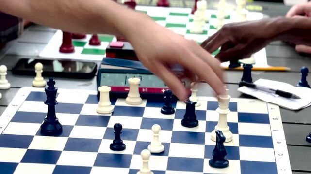 Dynamic stock video footage capturing an intense chess match outdoors, focusing on strategic moves, chess pieces, and game clock.
