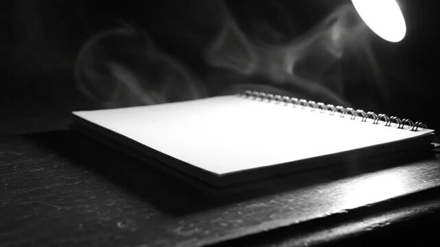 Black and white close up of a blank notepad resting on a dark wooden surface with wispy smoke rising up into the light