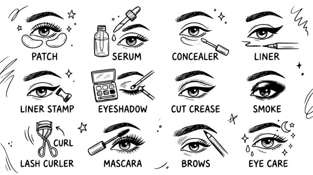 Hand drawn modern eye care eye makeup trend icons patch serum concealer liner stamp shadow cut crease smoke, black ink sketch vector illustration
