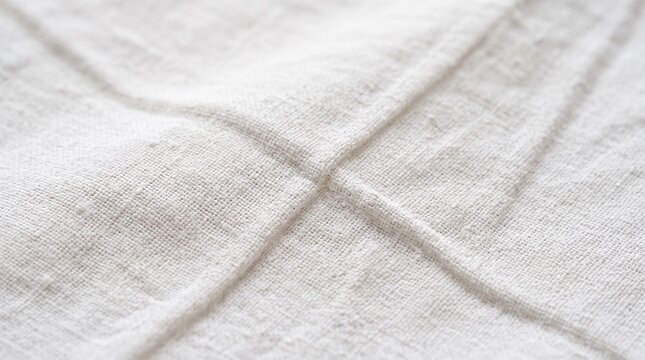 Macro view of soft white woven linen fabric texture with minimal quilted stitching patterns