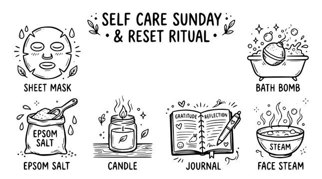 Hand drawn modern self care sunday reset ritual icons sheet mask bath bomb epsom salt candle journal face steam, black ink sketch vector illustration
