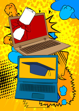 Cartoon Laptop, comic book Notebook with Graduation Cap and Rolled Up Diploma. Retro vector comics pop art design.